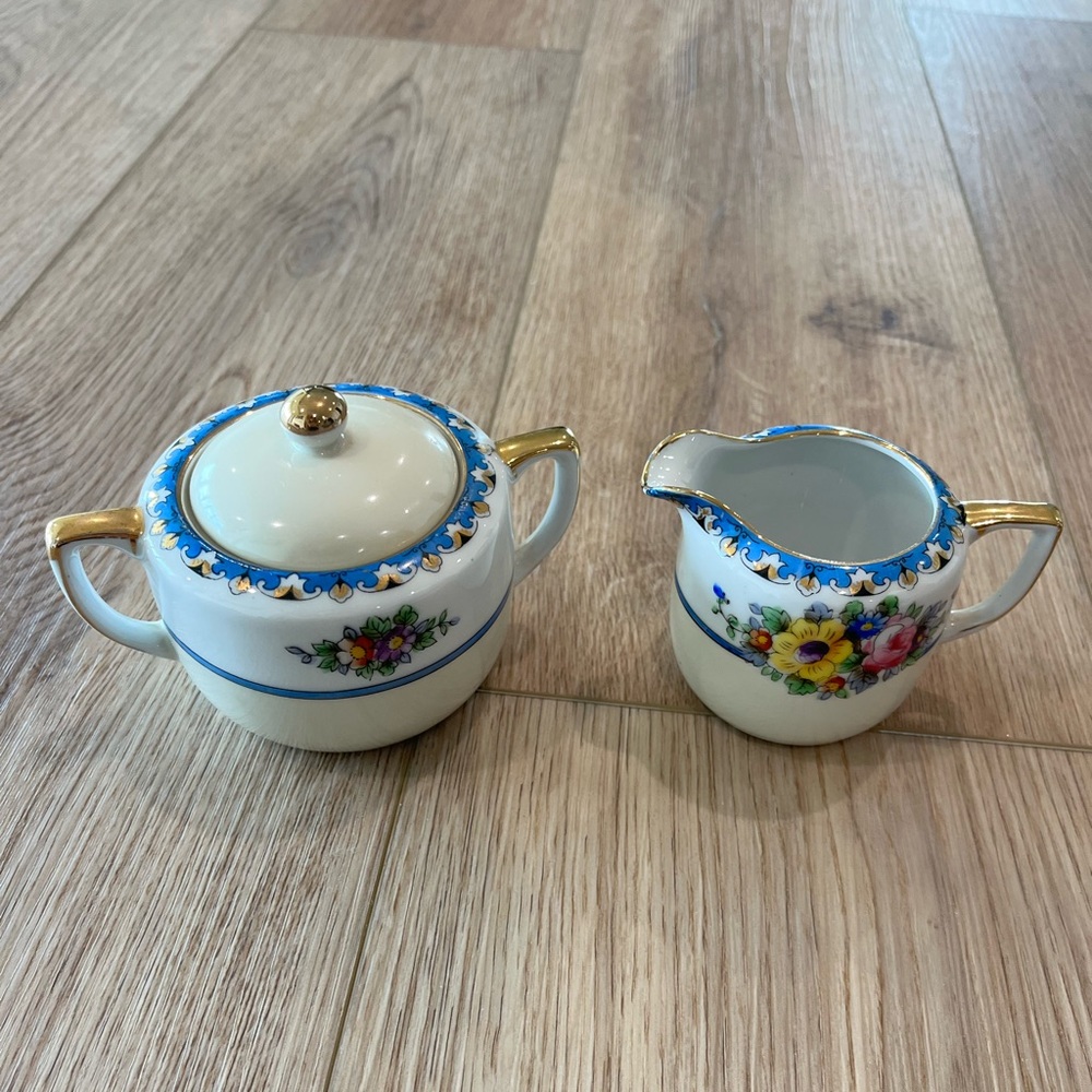 Noritake Hand Painted Floral Porcelain Sugar Bowl and Creamer Set